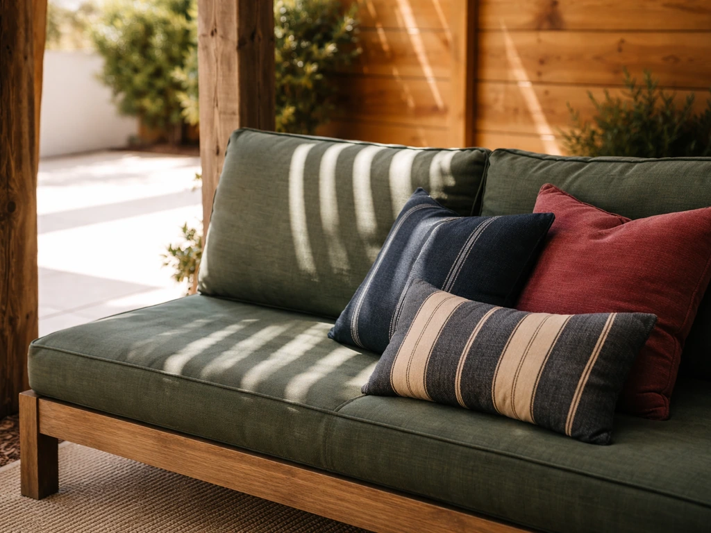 Covered patio vignette with deep green cushions under a pergola, contrasted against brighter outdoor light.