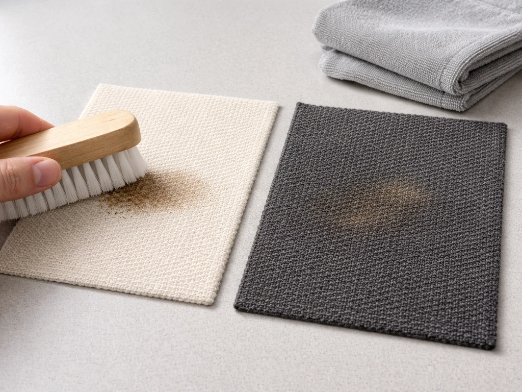 Close-up of light cream vs dark charcoal fabric swatches showing dirt/stain and brushing for spot cleaning.