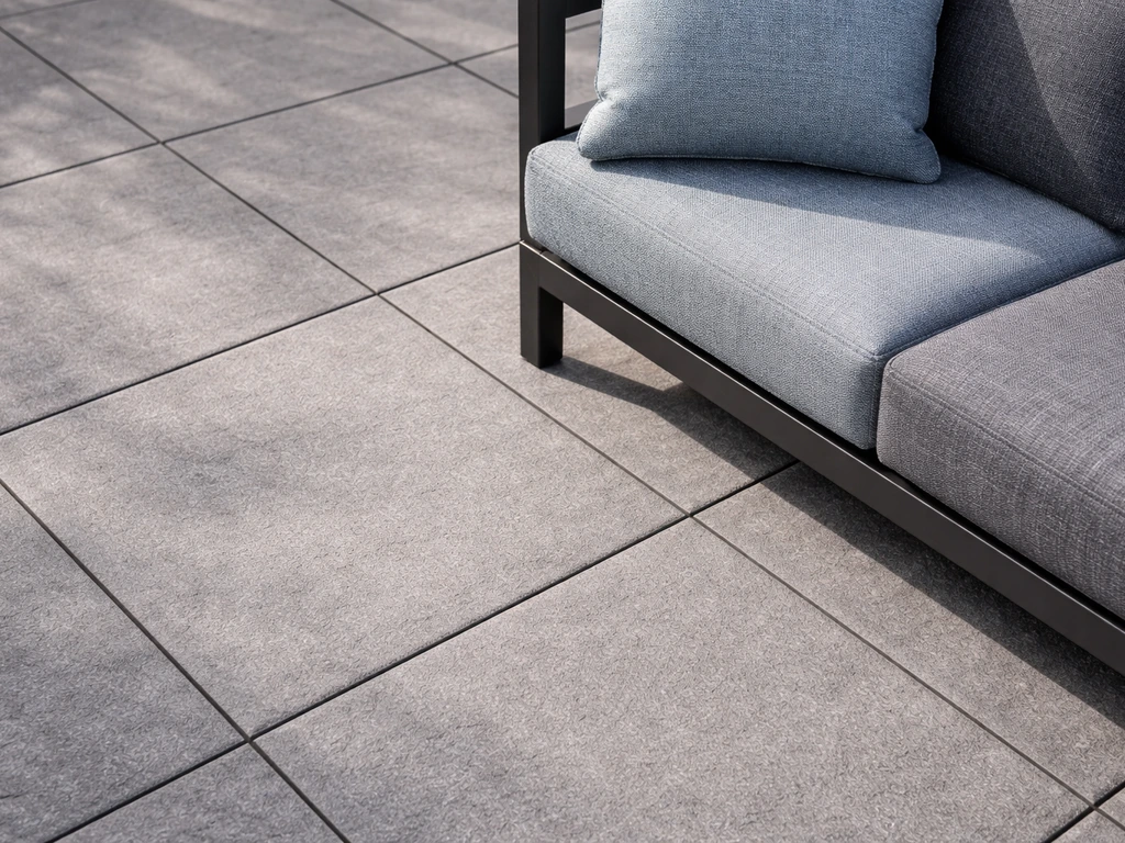 Closeup of gray stone patio pavers with cool blue-gray and charcoal cushions.