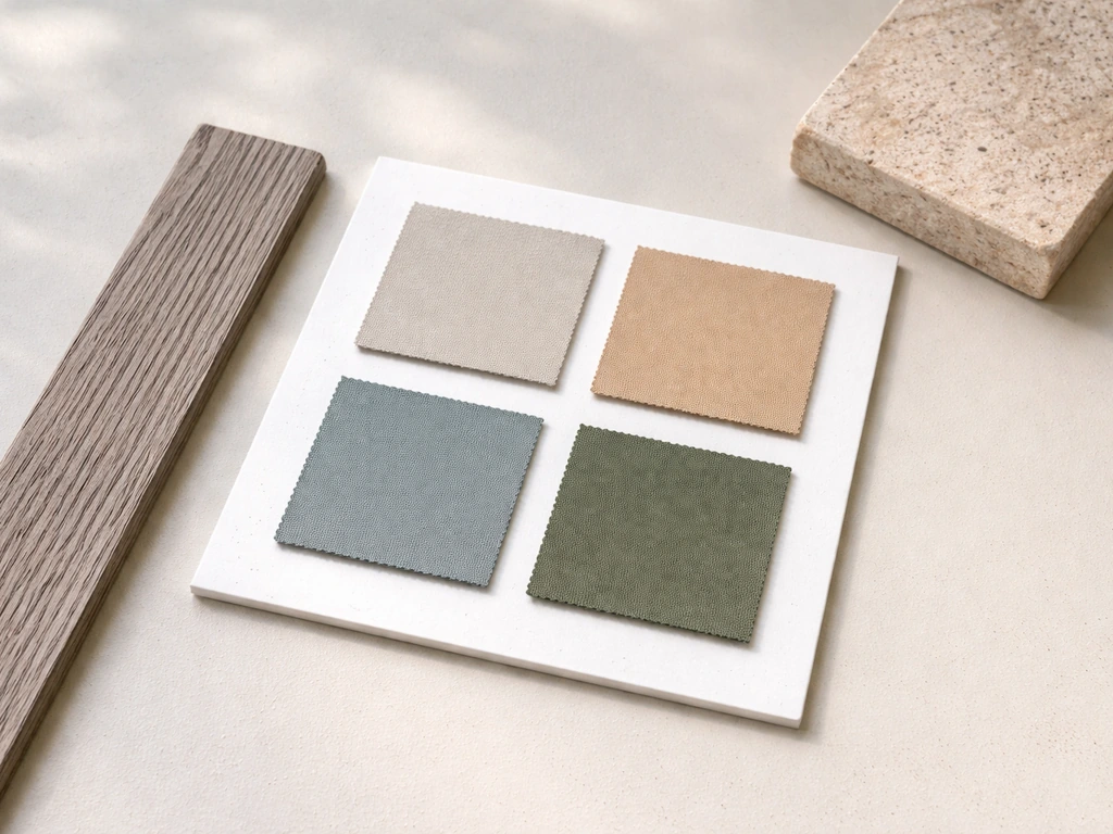 Top-down photo of a minimal color recommendation board with patio cushion color chips beside a wood deck sample.