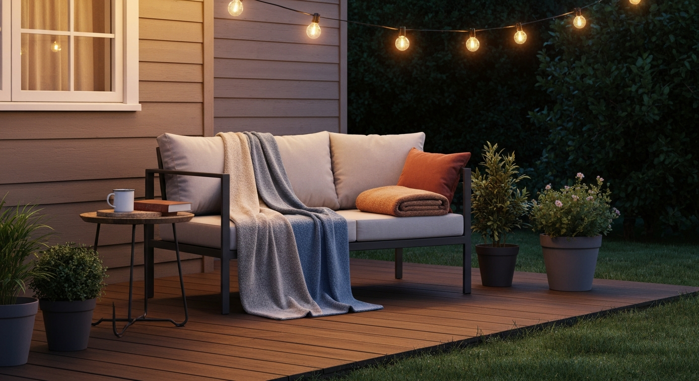 Twilight patio with sofa and two midweight blankets (knit and fleece) under string lights, showing fabric texture and cozy setup.