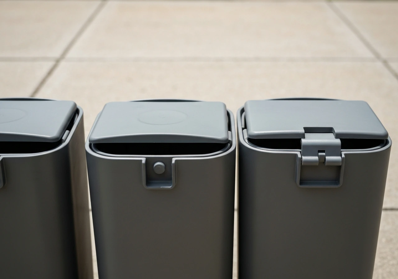 Close-up of three patio trash can lids showing open top, swing top, and a latched sealed lid.