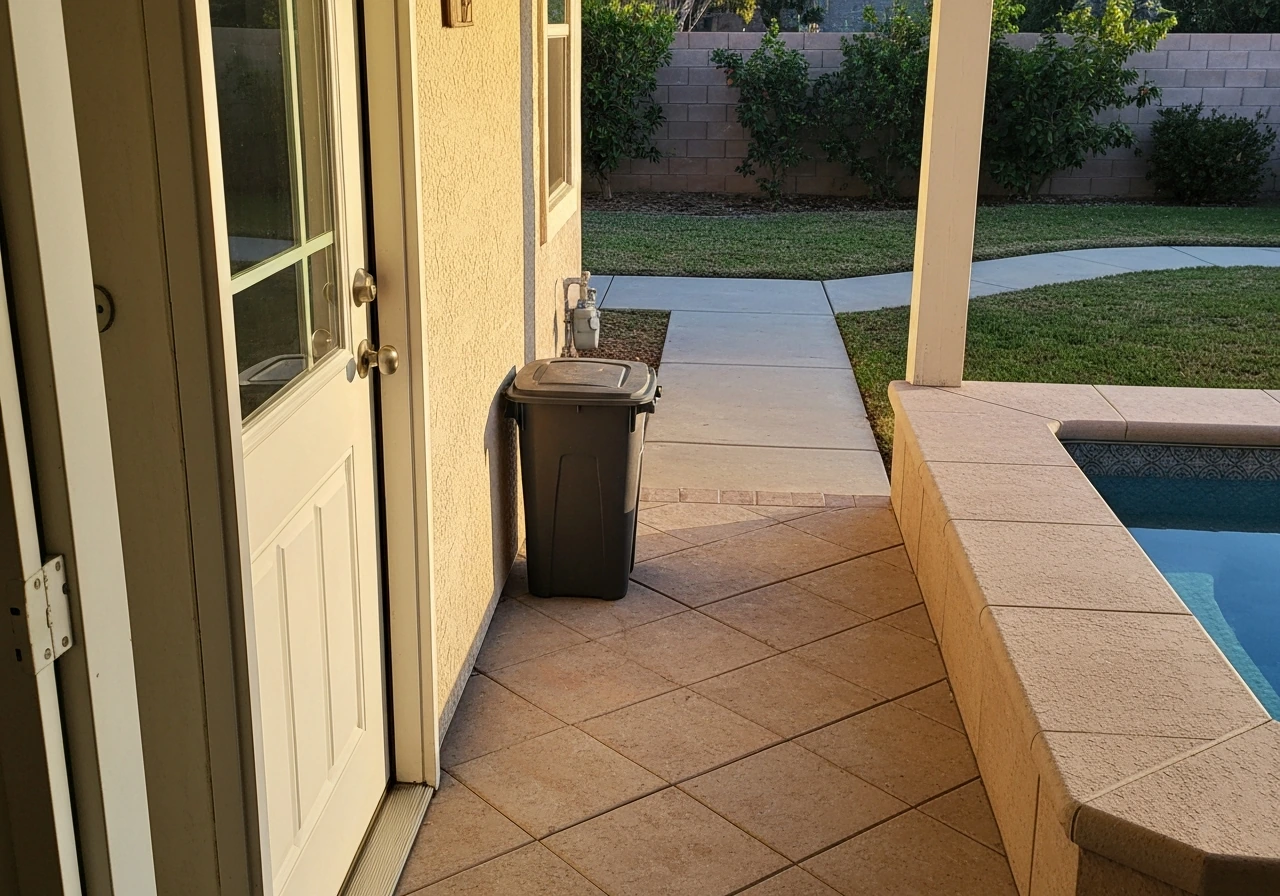 Outdoor patio showing a trash can placed away from the doorway and entry walkway along the edge.