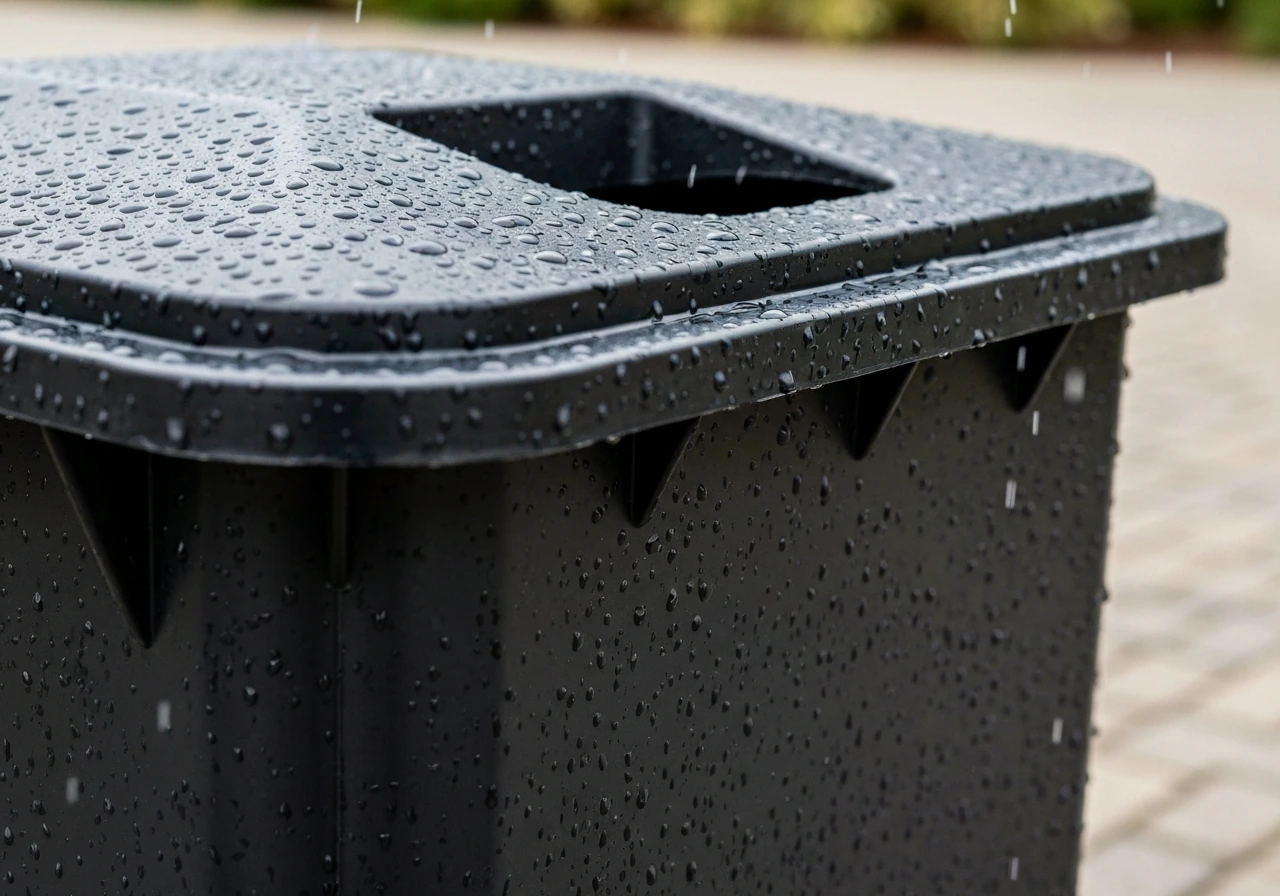 Black HDPE trash can close-up with raindrops beading on the lid and sidewall, showing durability.