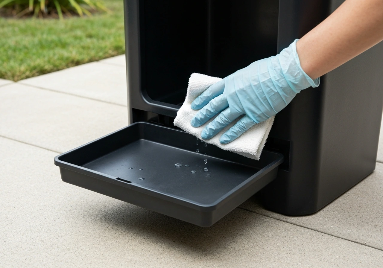 Close-up of a black outdoor trash can with a pull-out bottom liquid catch tray during wiping cleanup.