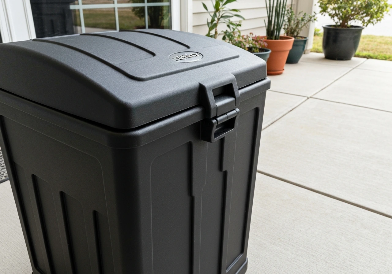 Black Suncast Trash Hideaway GH1732J outdoor trash can with latching lid on a patio