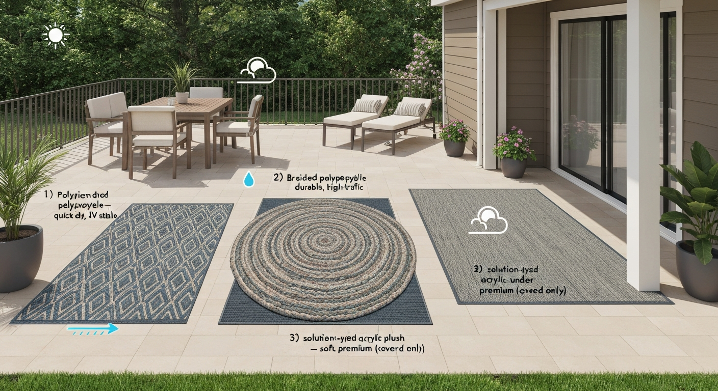 Illustrated outdoor patio with three labeled rugs—polypropylene flatweave, braided polypropylene, and solution-dyed acrylic—showing furniture and weather icons.