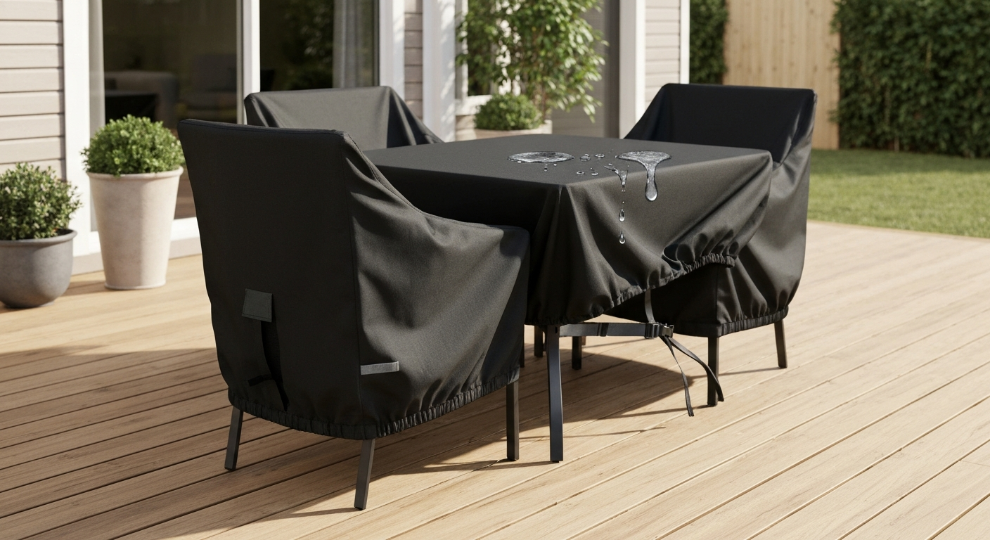 Black patio furniture cover draped over a small dining set on a wooden deck, showing buckled straps and a side vent; daytime outdoor scene.