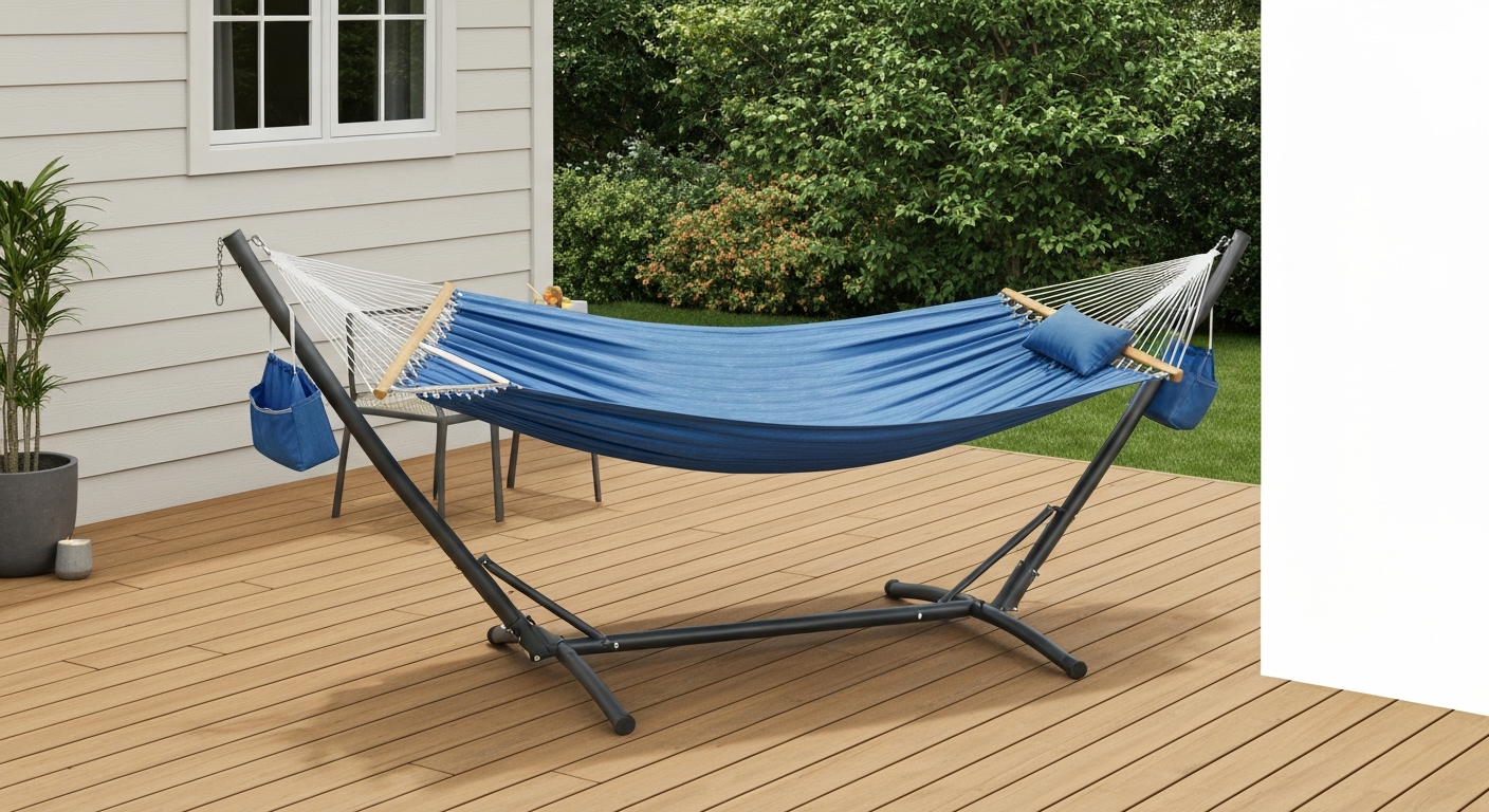 Assembled outdoor patio hammock bed with steel stand on a backyard deck, blue polyester fabric, pillow and storage pockets visible.