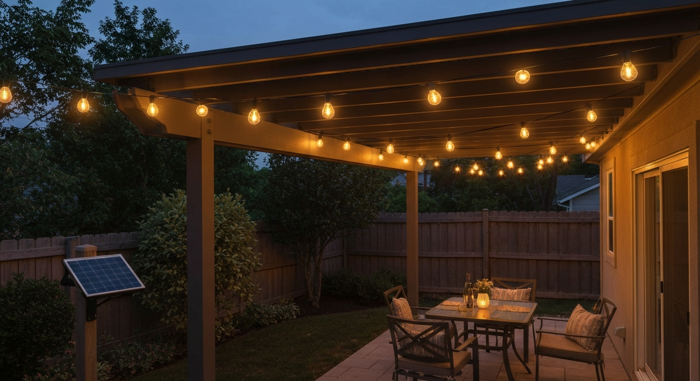 Cozy dusk patio lit by warm globe solar string lights with a visible solar panel on a fence post.