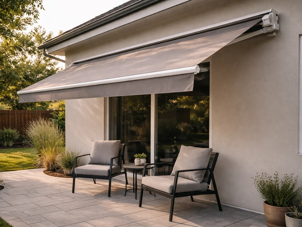 Retractable patio shade installed over outdoor seating with visible mounting hardware and clean patio lighting.