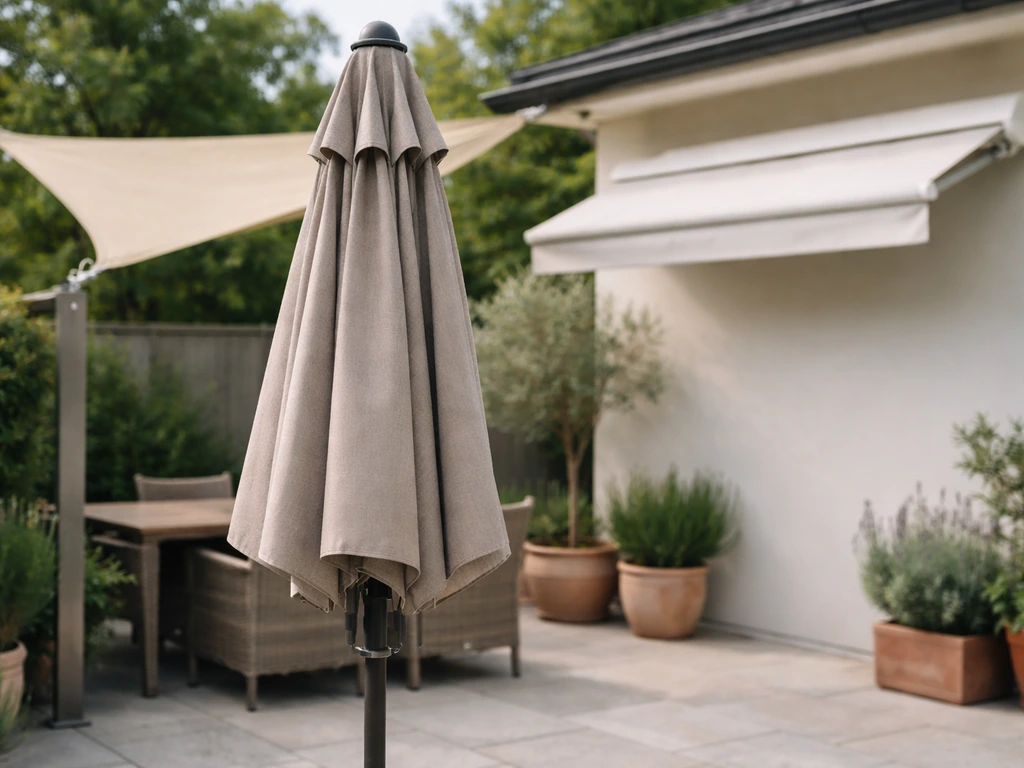 Minimal photo of patio shade setup with umbrella fabric in foreground, suggesting shade cost comparison
