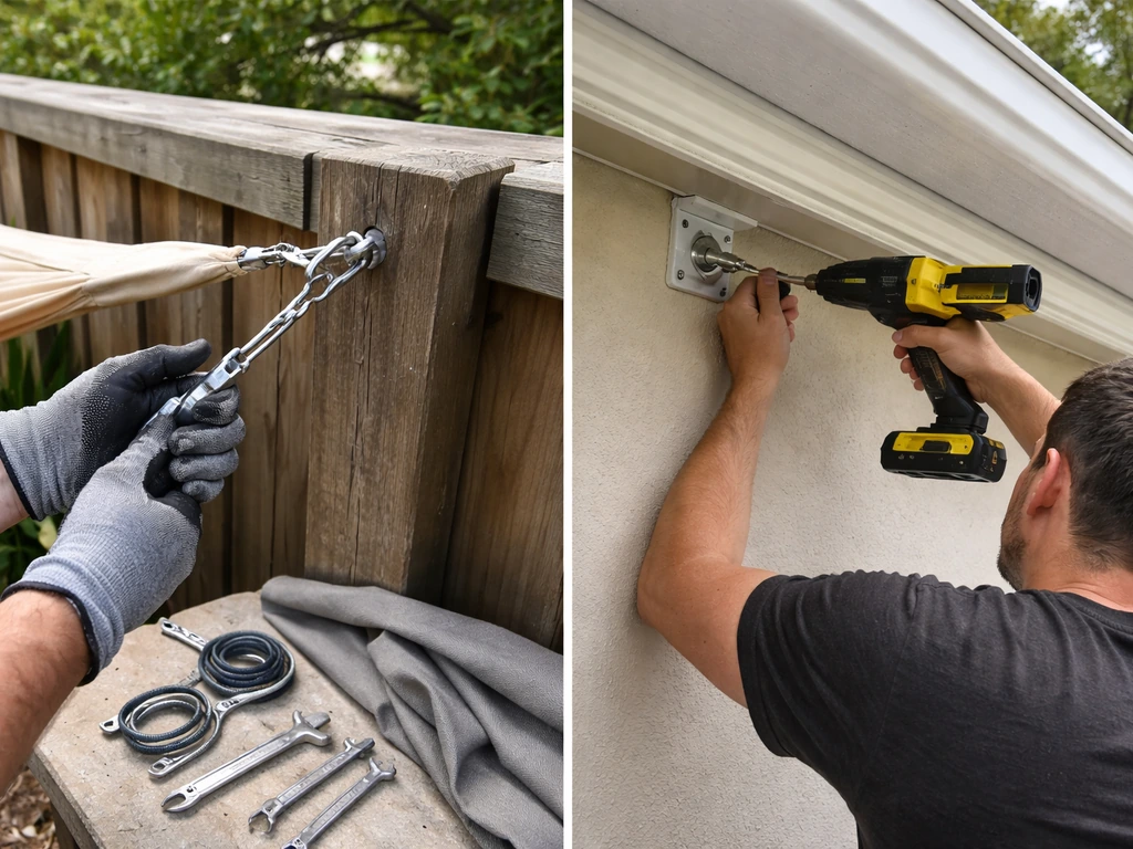 DIY shade sail tightened to fence post with tools, next to pro mounting a retractable awning with level and brackets