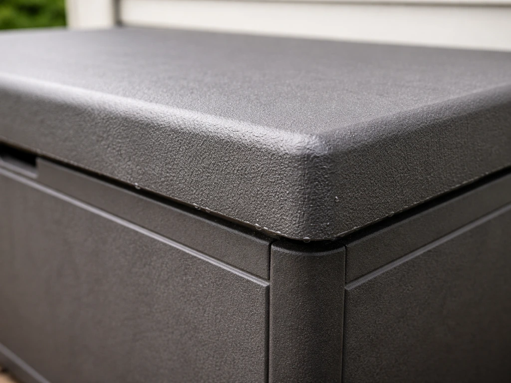 Close-up of a deck storage box lid overlapping the body to block rain ingress.