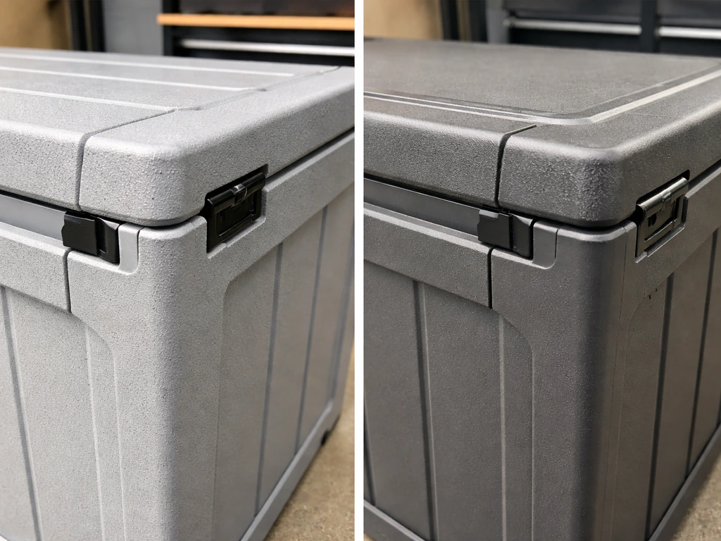 Close-up side-by-side view of HDPE resin deck box construction showing double-wall edges and hinges.