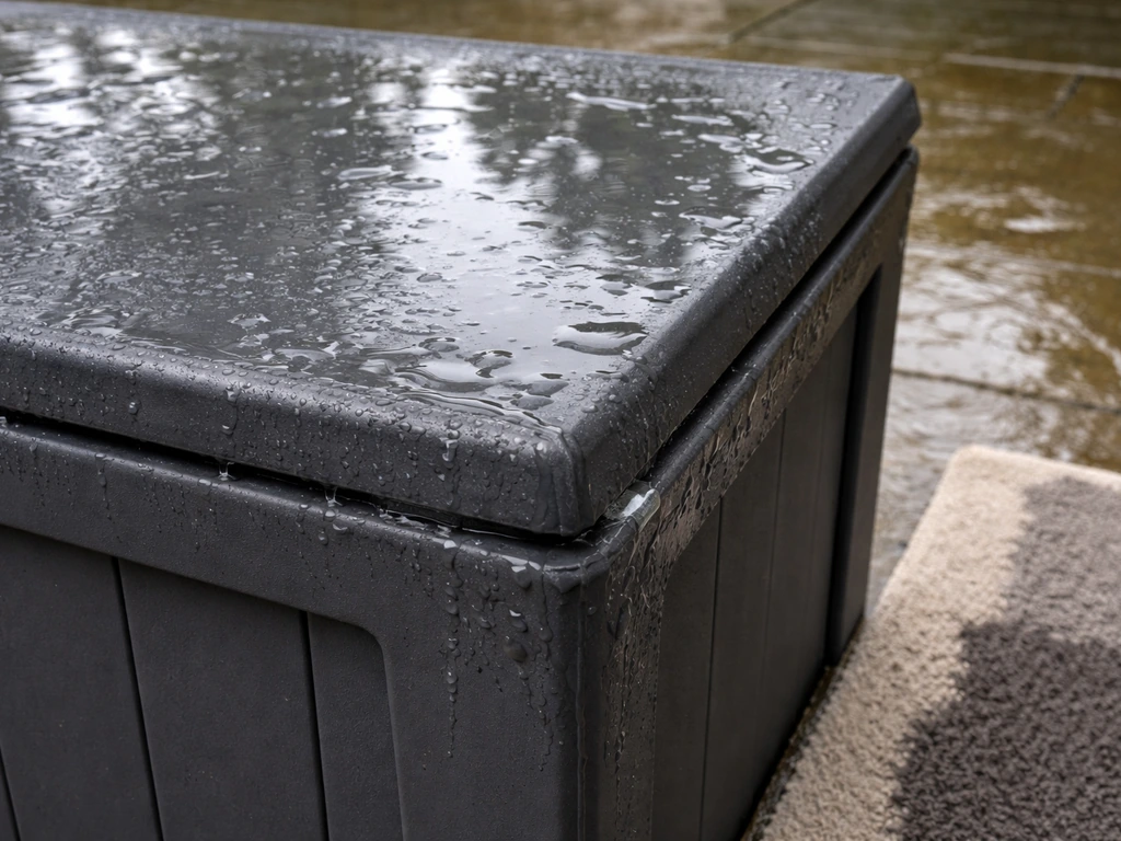 Close-up of a weatherproof deck box lid with standing water pooling and visible condensation on edges.