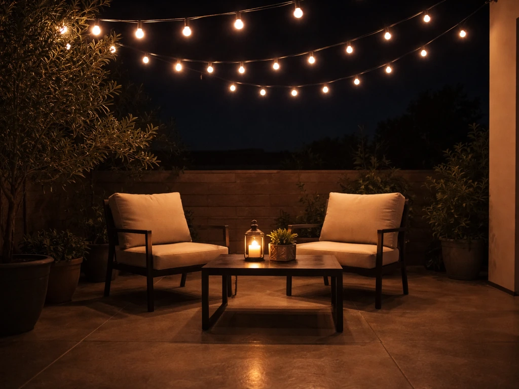 Warm overhead string lights glowing above a quiet patio seating area at night.