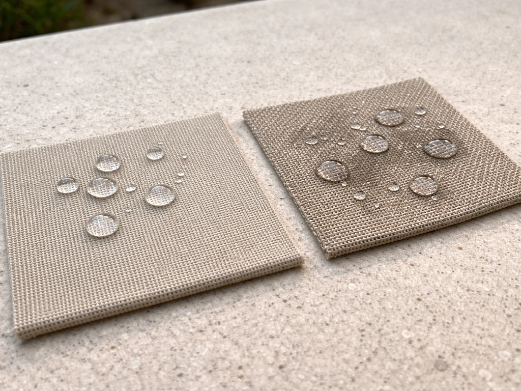 Close-up of two outdoor cushion fabric swatches showing different texture and water beading.