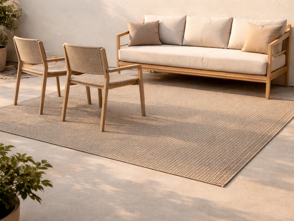 Outdoor rug laid under dining chairs on a patio, showing polypropylene texture and material detail