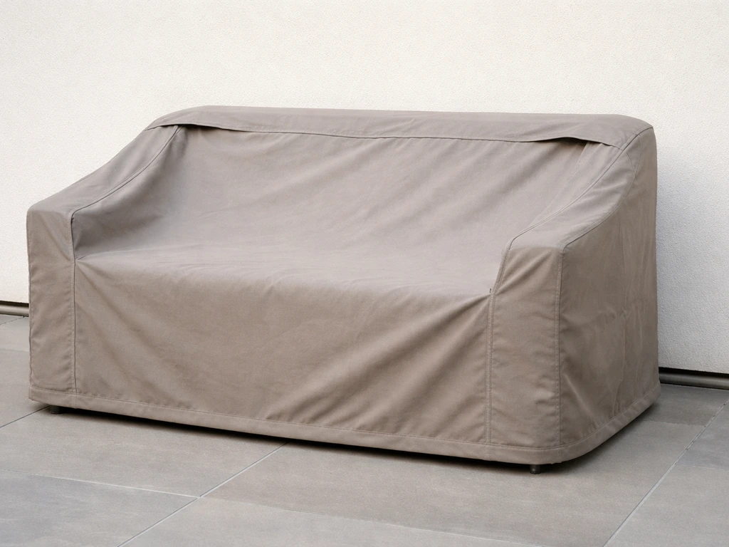 Snug waterproof furniture cover fitted over an outdoor loveseat, with slight venting visible.