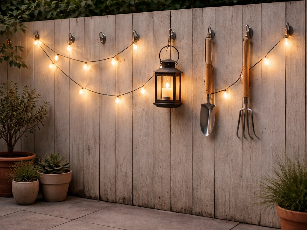 Outdoor patio wall with stainless hooks holding string lights, a lantern, and neatly hung tools, uncluttered.