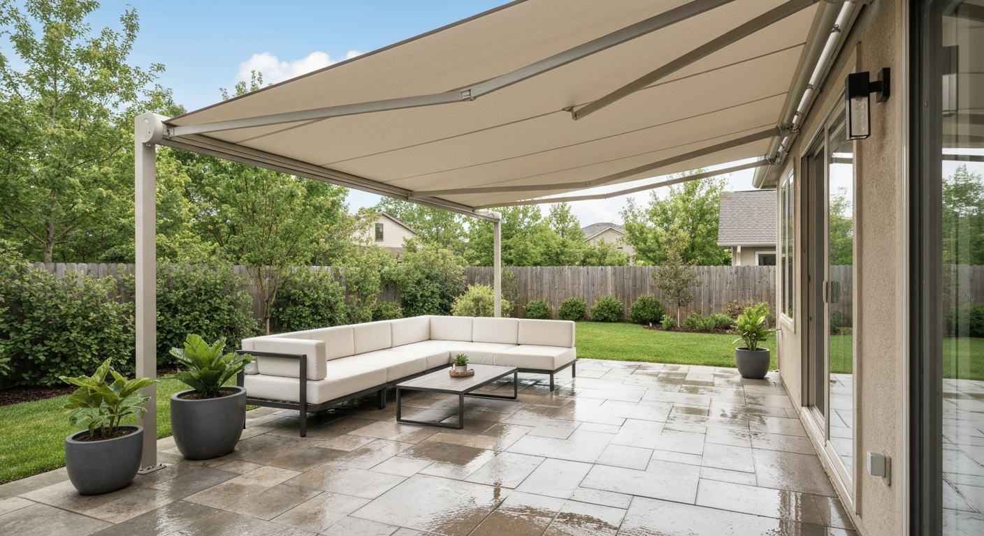 Backyard patio with a motorized retractable awning extended over a seating area; wet patio surface suggests rain protection.