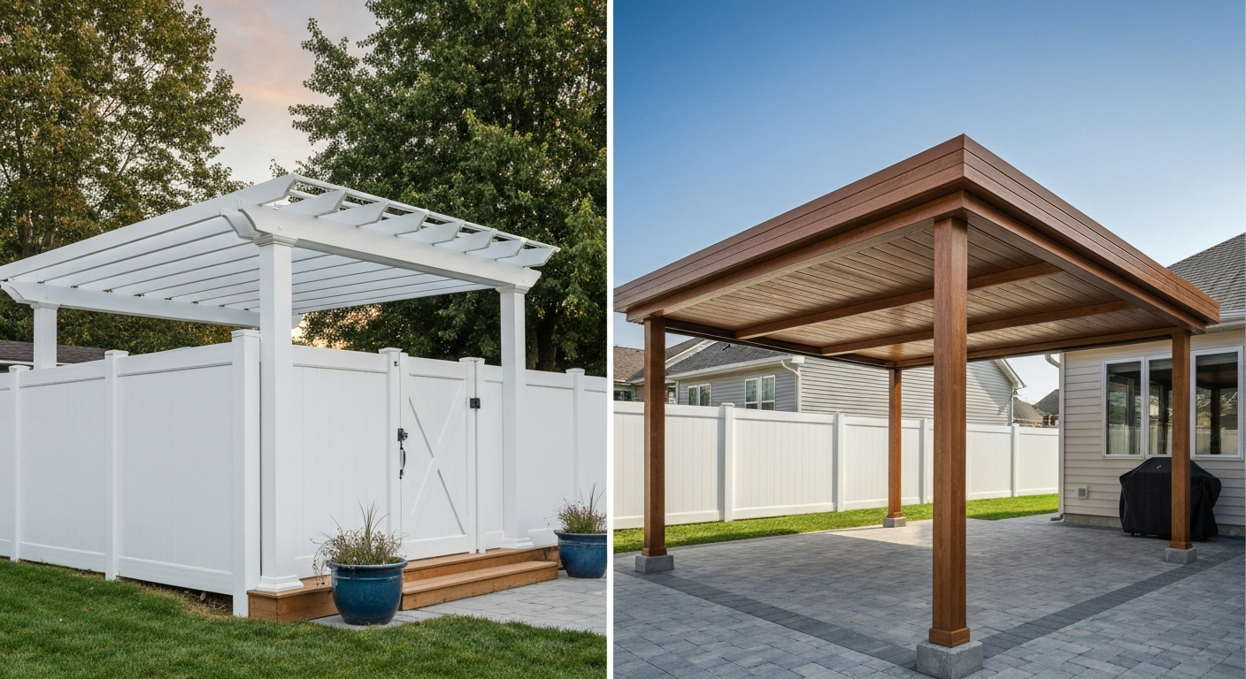 Backyard split view comparing a white vinyl privacy fence and vinyl pergola on the left with a wood-grain aluminum attached patio cover on the right, illustrating material and style differences.