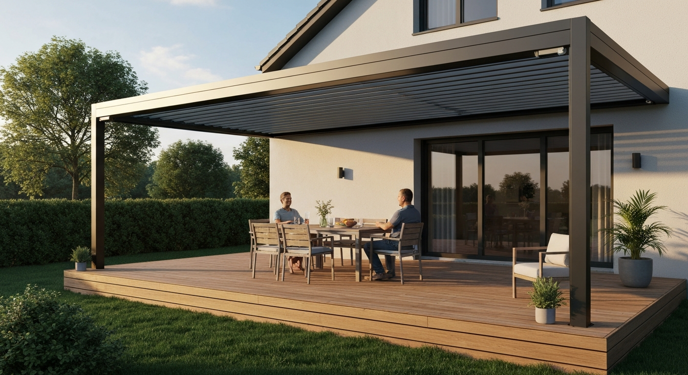 Modern adjustable aluminum louvered patio cover partially open with people relaxing beneath, showing louvers and integrated drainage.