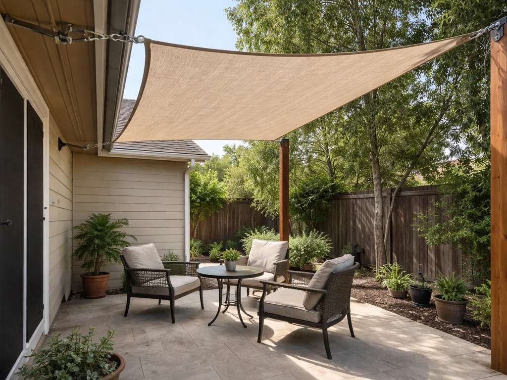 Budget shade sail stretched over a small patio with visible anchors and hardware in a quiet backyard