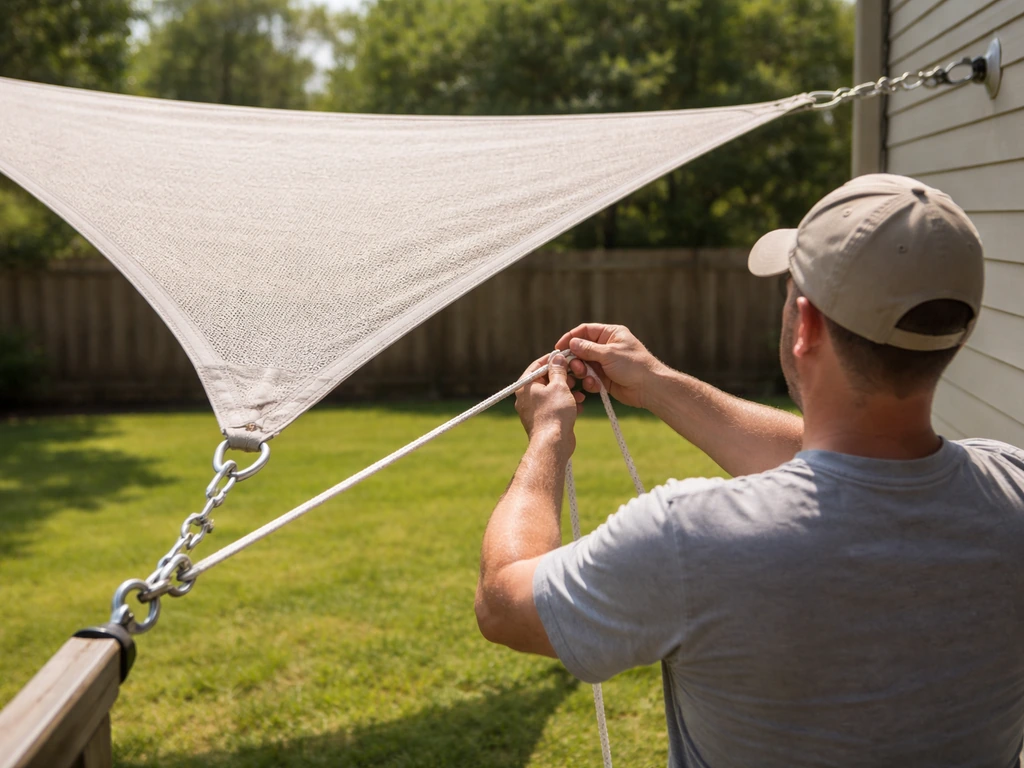 Homeowner tightening rope on a tensioned HDPE shade sail with ground and house anchors outdoors.