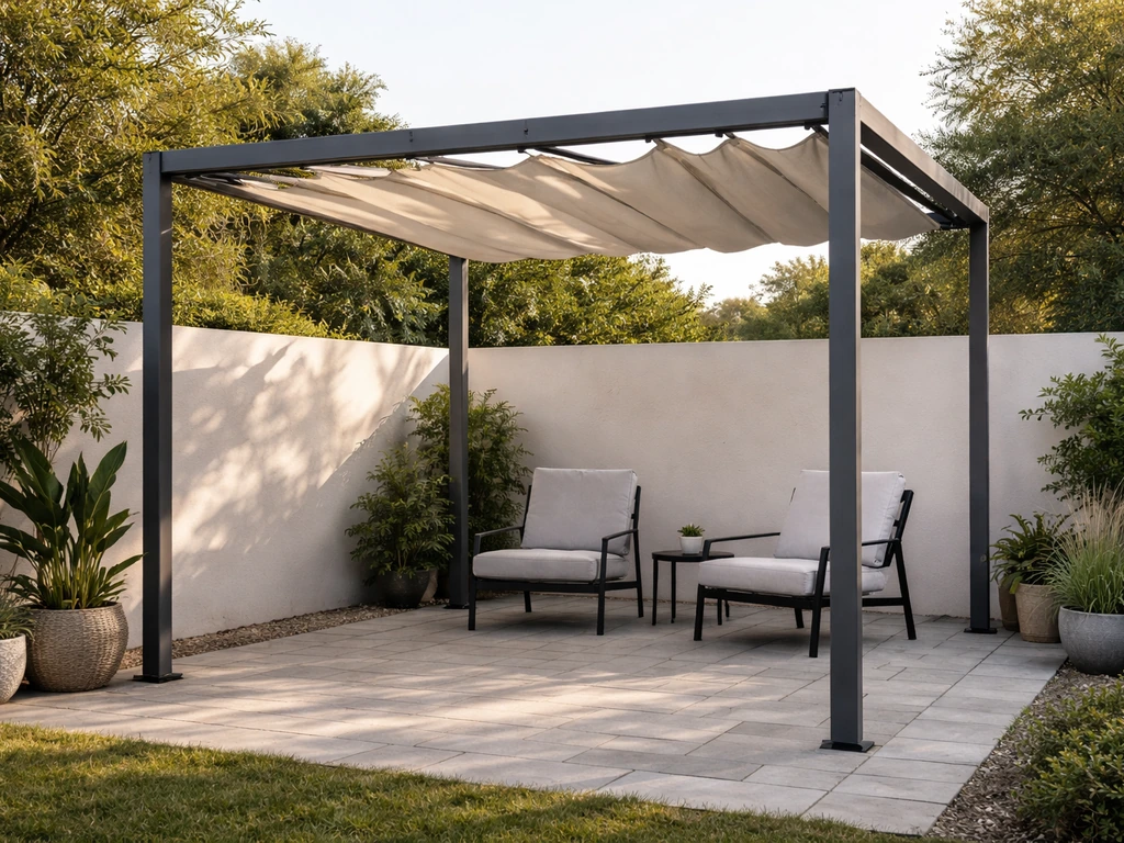Retractable canopy pergola over a patio with the canopy partly open, showing adjustable shade.