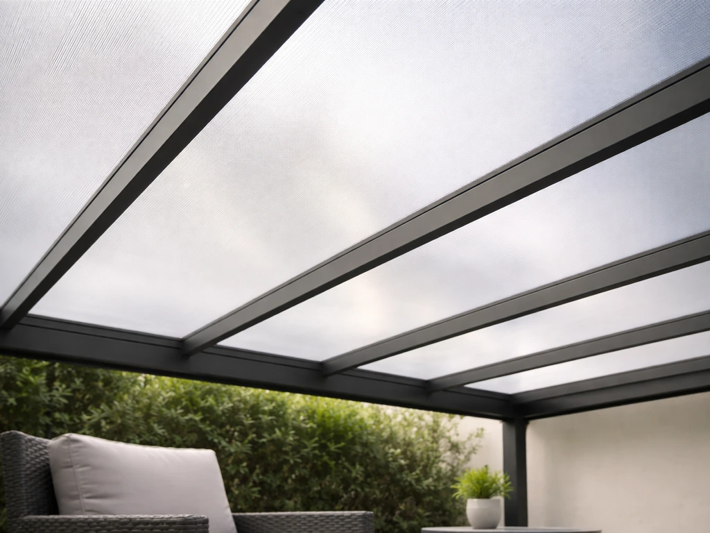 Close-up of translucent polycarbonate patio cover panels letting diffused daylight through over patio furniture.