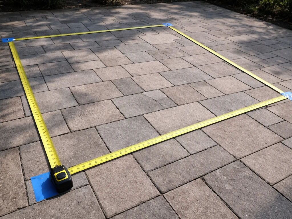 Tape measure laid over a patio surface with painter’s tape marking patio edges and coverage boundary.