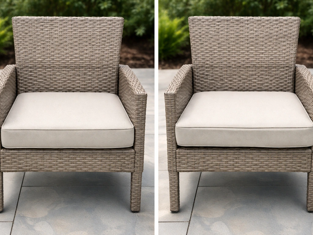 Side-by-side patio chair seat cushions: one correctly sized and one slightly oversized that overhangs and shifts.