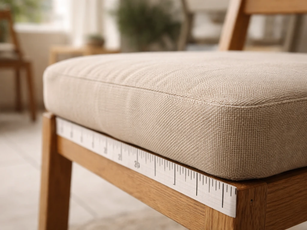 Close-up of a thick dining chair seat cushion with a tape measure placed along the seat edge.