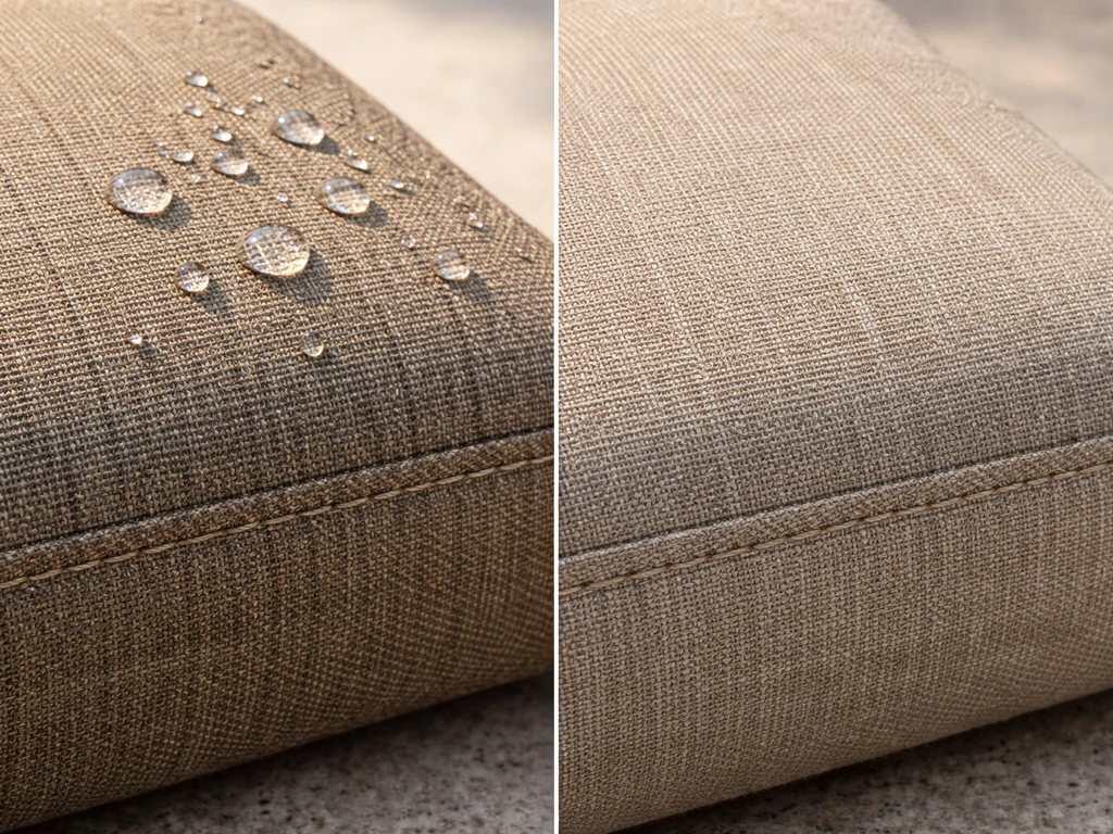Close-up of outdoor solution-dyed acrylic cushion fabric with water beading and a faded-looking comparison weave.