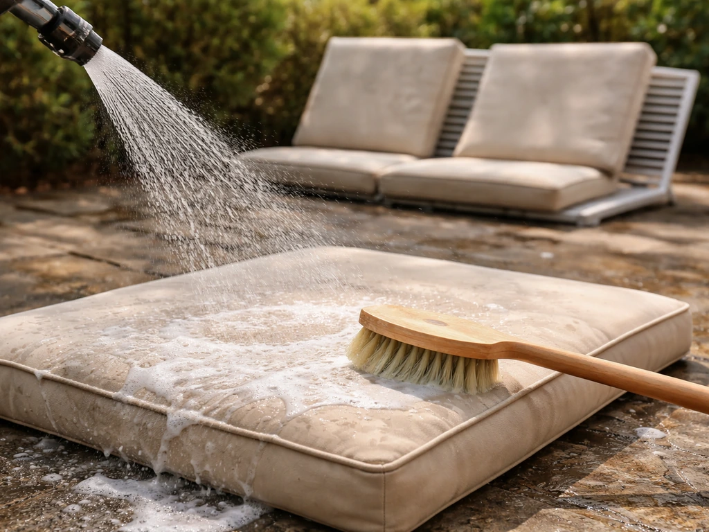 Outdoor cushion cover being hosed and brushed clean, with cushions drying on a breathable rack.