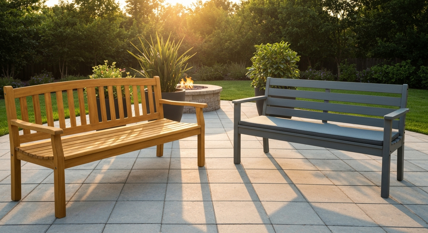 Outdoor patio hero image showing a teak bench and a POLYWOOD-style HDPE bench side by side at golden hour with cushions, plants, and a fire pit.