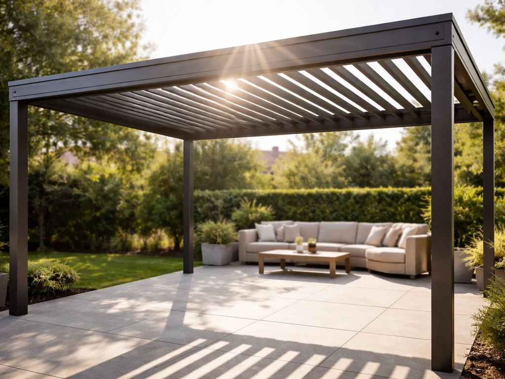 Modern patio with an adjustable louvered roof cover open to sunlight, minimal backyard setting.