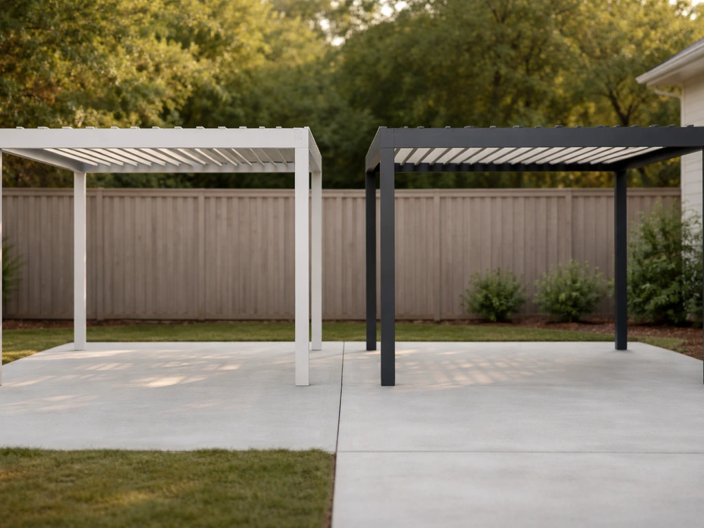 Two anonymous patio cover samples in a home backyard, separated to suggest standard vs premium price tiers.