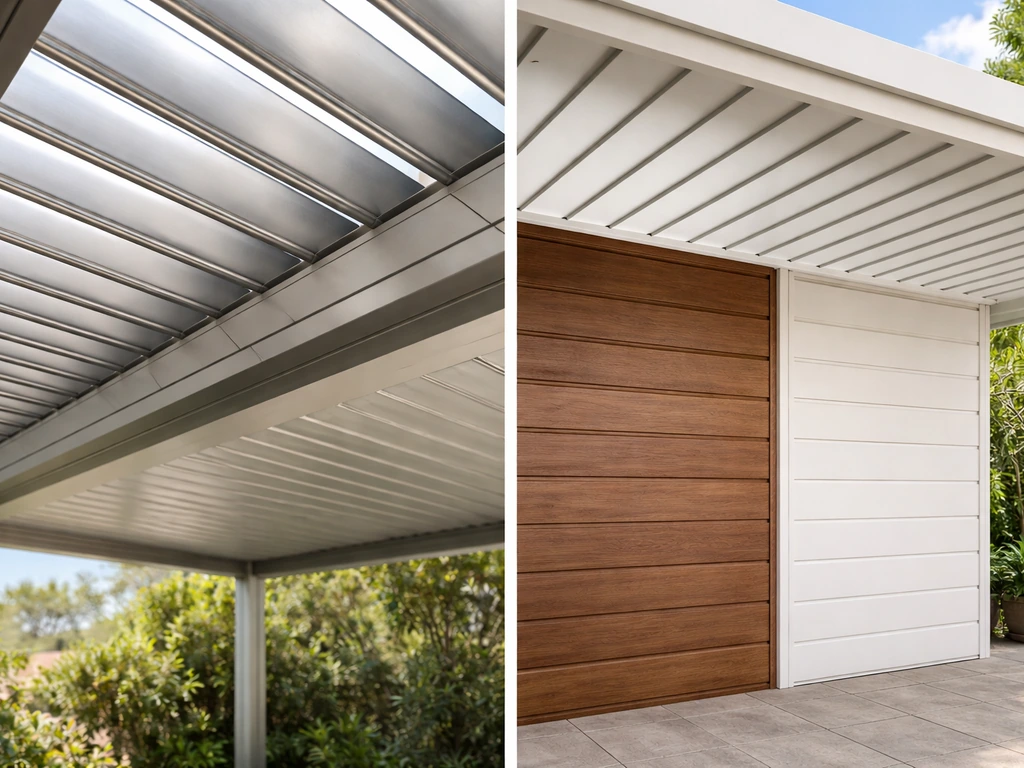Split-frame photo showing an aluminum louvered patio cover next to other common patio cover materials.
