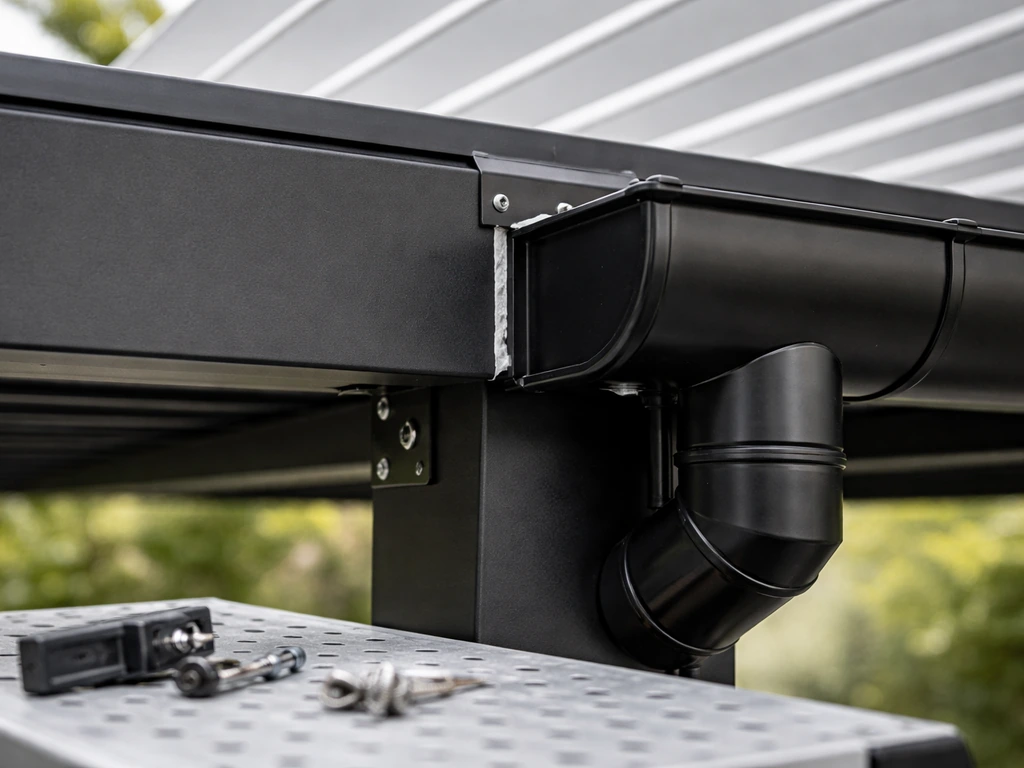 Close-up of a pergola gutter and flashing being installed under a louvered roof beam.