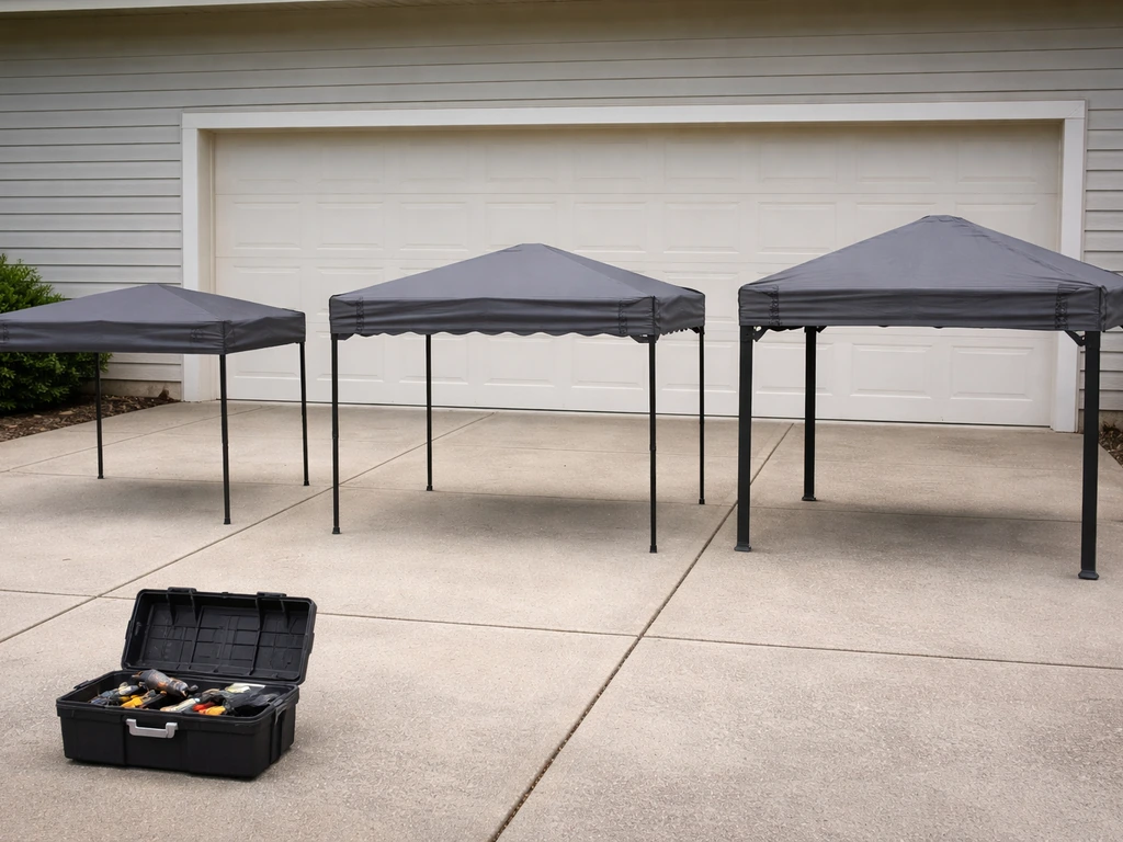 Minimal staged scene showing three contractor-style cover options on a driveway, suggesting budget tiers