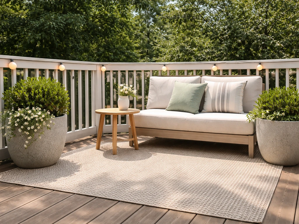 Bright outdoor patio with coordinated weatherproof rug, string lights, planters, and throw pillows
