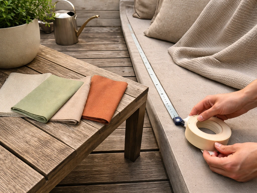 Hands measuring a patio with a tape measure while fabric color swatches sit on a table