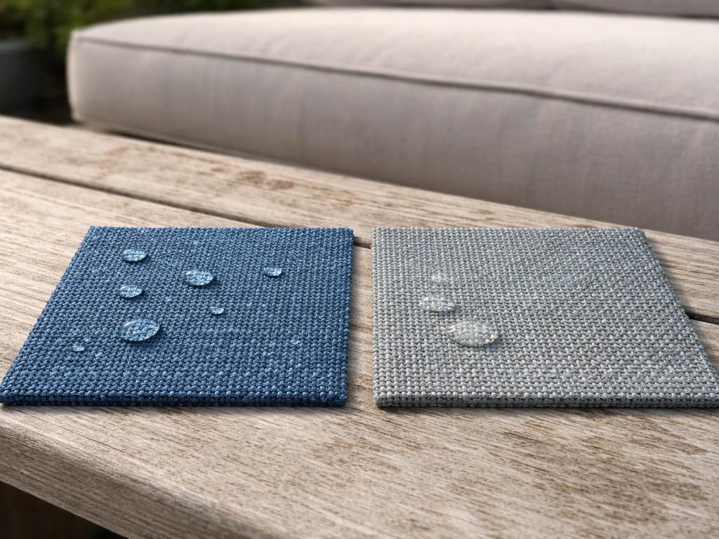 Close-up of two outdoor fabric swatches: solution-dyed stays vibrant while other fades under simulated UV/moisture.