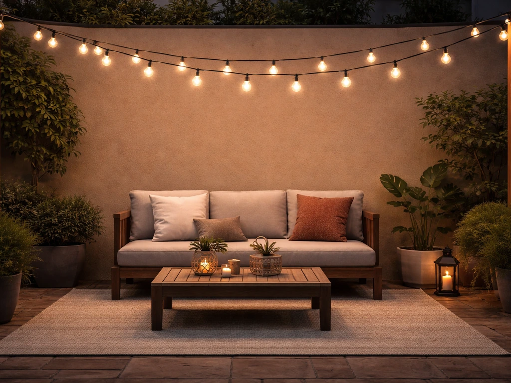 Warm globe café string lights glowing over a quiet outdoor patio seating area