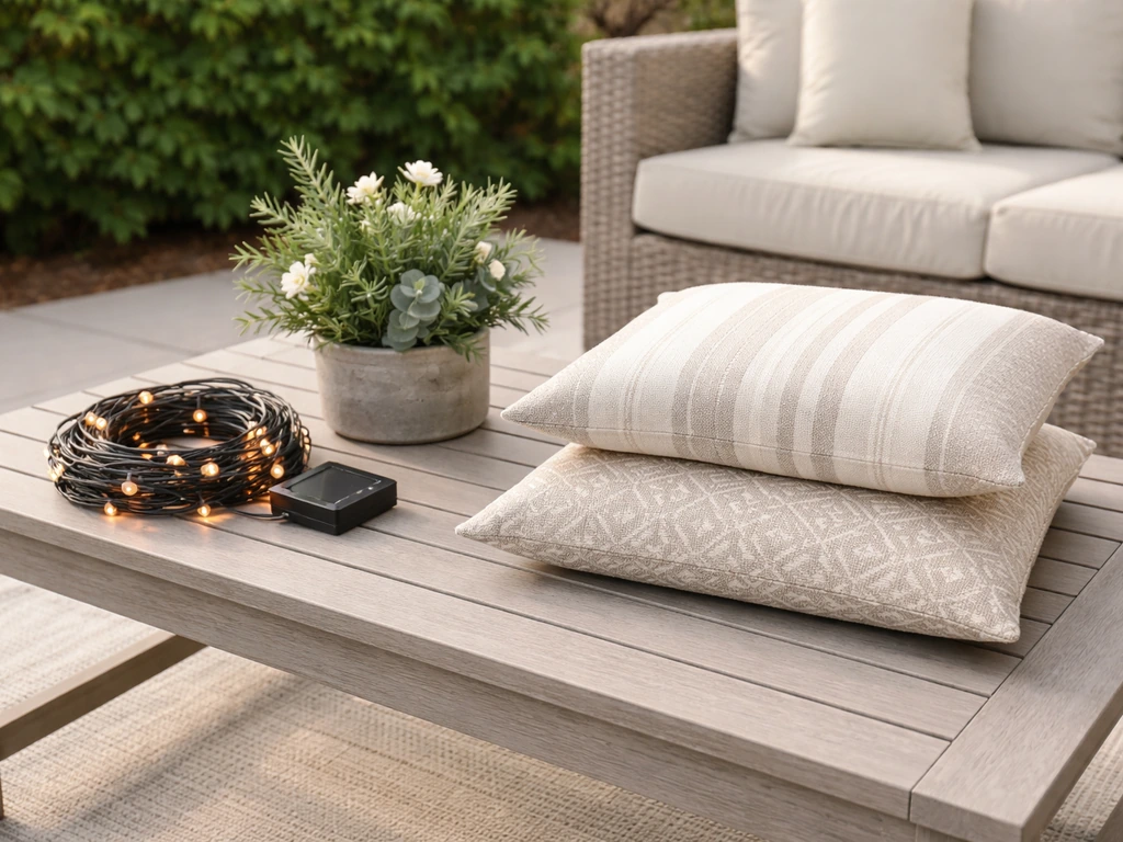 Warm solar string lights, two coordinating outdoor pillow covers, and a weatherproof centerpiece on a patio table.
