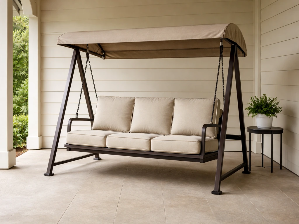 Premium patio swing centered on a covered porch, cushions inviting and weather-ready.