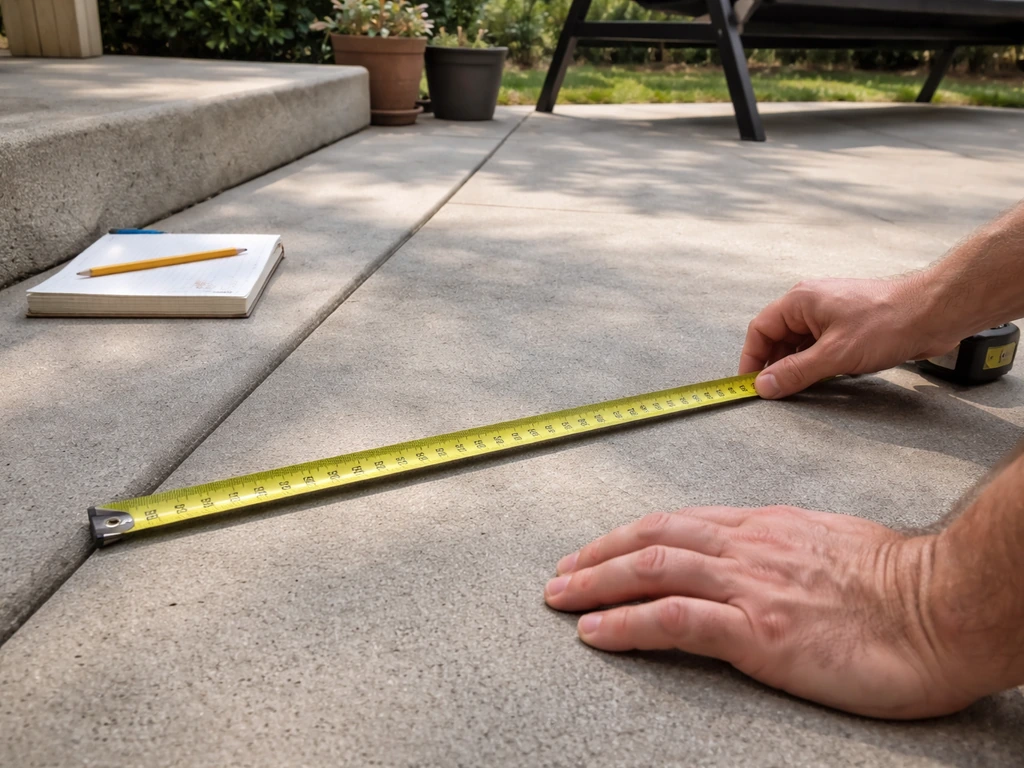 Hands measure a patio with a tape measure on concrete, with a notepad nearby to confirm swing dimensions.